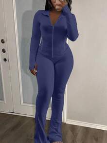 LovelyWholesale 女士休闲立领长袖纯色拉链修身上衣和瑜伽裤套装 春季服装 - 藏蓝色 - 查看 2