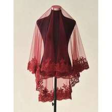 1件复古酒红色蕾丝边短头纱，中式婚礼新娘头饰圣诞节