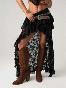 Womens Lace Skirt Summer New Irregular Design Sheer Hollow Out High Waist Slim Fit Skirt - 黑色 - 查看 1