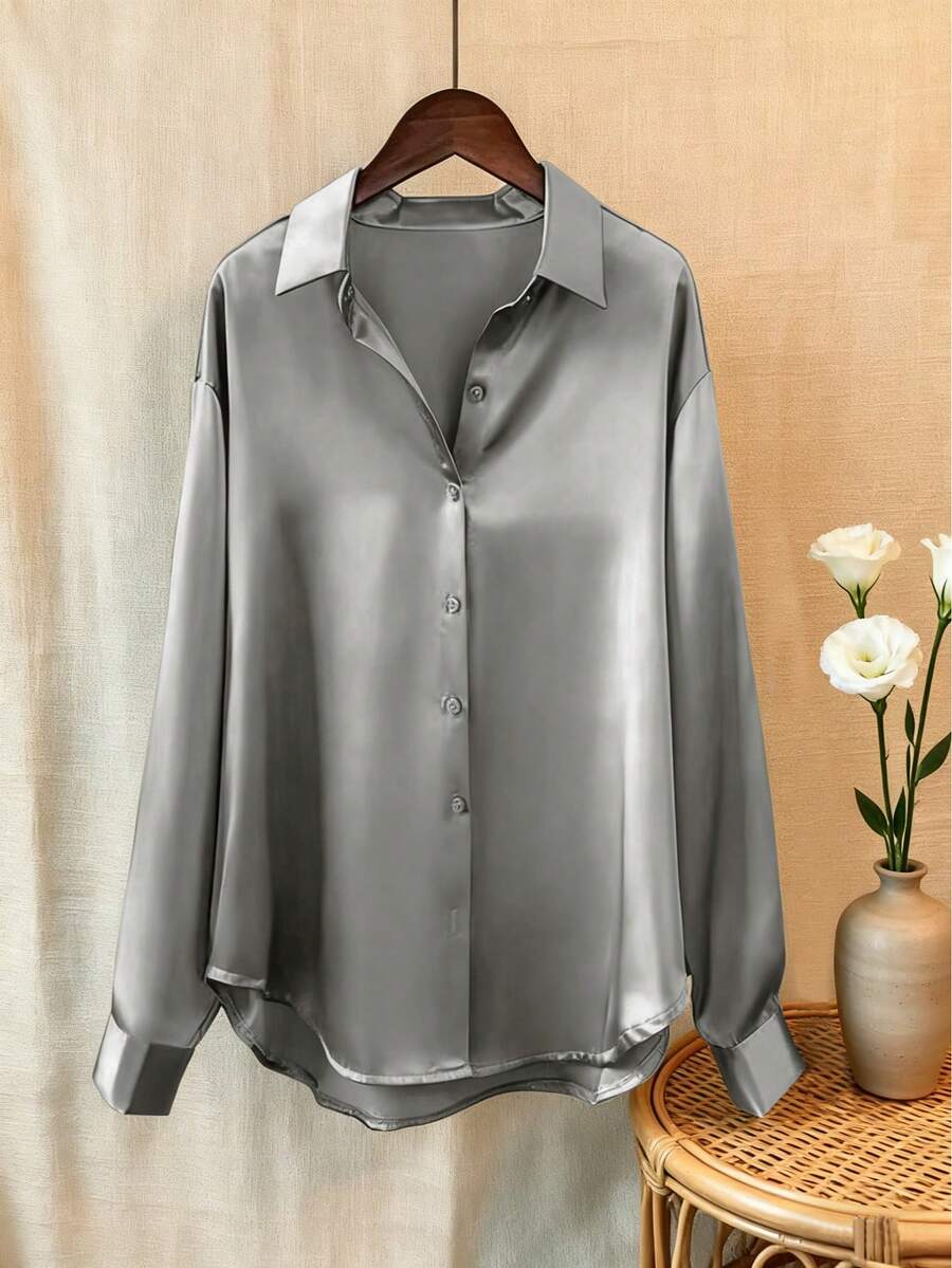 女式优雅百搭垂坠复古长袖缎面衬衫，春夏 - 銀灰色 - 查看 1