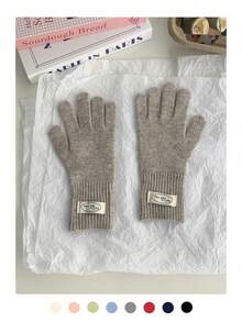 Guantes sin dedos de lana gruesos y largos de unicolor minimalista, forrados de pelusa, cálidos y a prueba de viento para ciclismo y actividades al aire libre, guantes de punto de color caramelo para pantalla táctil, cálidos y versátiles guantes sin dedos de punto largos para mujer en otoño/invierno