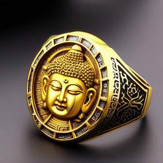 1pc Vintage Gold-Tone Buddha Head Signet Ring For Men, With Facial Expression, Topknot, And Vermilion Dot, Featuring Intricate Black Floral Engraving On The Band, Exuding A Solemn And Luxurious Religious Cultural Vibe And Exquisite Metalcraft
