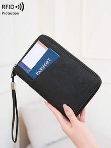 Bolso para pasaporte con bloqueo RFID CHARM INFINITE, puede contener múltiples pasaportes, bolsa de almacenamiento para tarjetas de documentos y boletos de viaje, material de tacto suave con cremallera larga, correa de muñeca desmontable, regalo del Día de San Valentín para esposa o novia