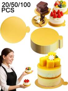20/50/100个圆形慕斯甜点金色纸托盘，3.1英寸迷你蛋糕底托，防油蛋糕纸底座，一次性纸杯蛋糕衬垫，易握手柄，烘焙甜点纸托盘设计，适用于纸杯蛋糕、婚礼生日派对、甜点展示、下午茶派对、节日庆典 - 彩色 - 查看 1