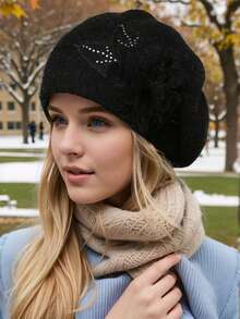 1pc Autumn/Winter Korean Style Faux Rabbit Fur Knitted Beanie Hat, Women Double Layer Thick Warm Ear Protection Beret Cap, Versatile Knit Knitted Hat - A - View 3