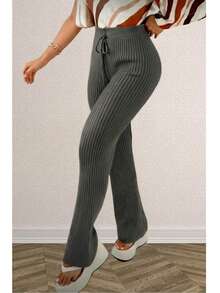 Women's Straight Cut Knit Trousers In Modal Pa With Simple Knot And Button - Màu xám đen - Xem 4