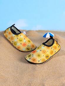 1 Pair Girls' Casual Comfortable Flat Non-Slip Yellow Swimming/Wading Shoes With Sun & Bee Design, Suitable For Summer - Yellow - View 3
