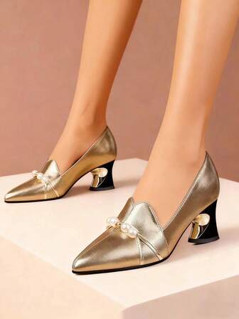 Chunky Heel Pearl Pointed Toe Slip-On High Heels, Cute & Professional For Spring/Autumn