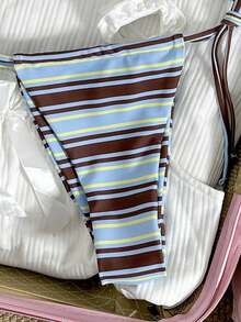 女士基础款条纹印花泳衣，适合夏季泳池、海滩等各种场合，日常三角系带比基尼沙滩度假装 - 藍卡色 - 查看 9