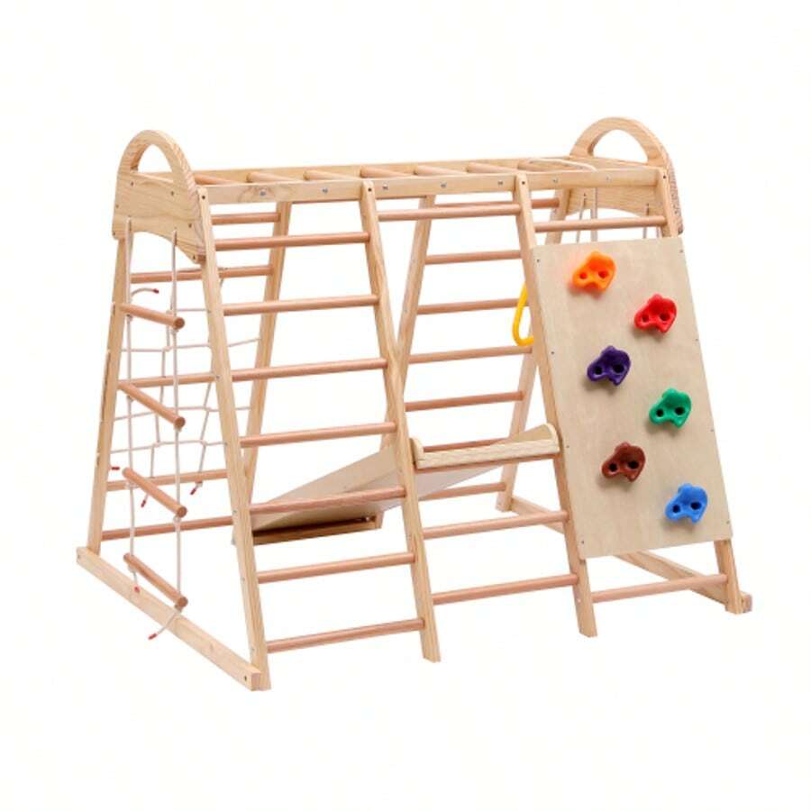 7-In-1 Multifunctional Playpen, Made Of Solid Wood, Plywood, And Beech Wood. Includes Swing, Ladder, Slide, Net, Plastic Holds, And Rings. Can Also Be Used As A Play Tent. - Natural Color - View 1