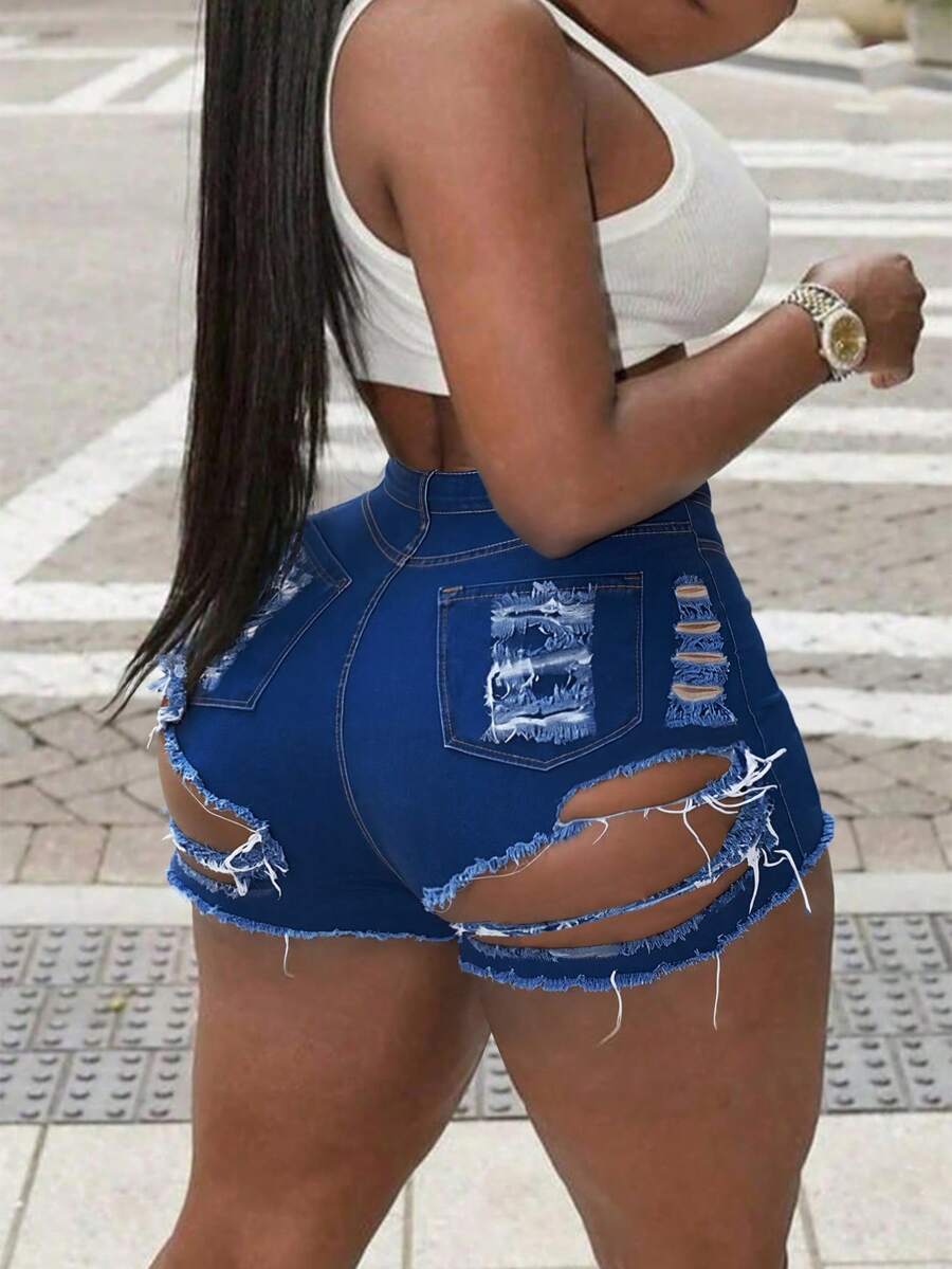 Women's Bestseller Stretchy Ripped High Waisted Butt Lifting Denim Shorts For Women - Curvy Fit Distressed Frayed | Elastic Fabric | Perfect For Summer Casual/Date/Shopping Outfits - 深色水洗藍 - 查看 1