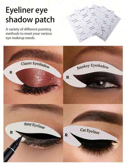 4张共32张眼妆贴纸，包含眼线和眉毛模板，4种不同设计，包括西式眼线和眉形塑造模板，以及其他眼线辅助工具。另有猫眼眼线辅助贴纸、眼影眼线辅助贴纸、猫眼线狐狸眼妆模板等。适用于化妆、家居装饰、梳妆台、旅行、卧室等场合。