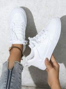 2025 New Style Women's White Shoes, Low-Top Lace-Up Sneakers, Casual Sports Shoes, Simple And Versatile Women's Shoes, Low-Top Flats, Fashionable White Shoes, Daily Wear Women's Shoes, Breathable Sneakers - 白色 - 查看 3