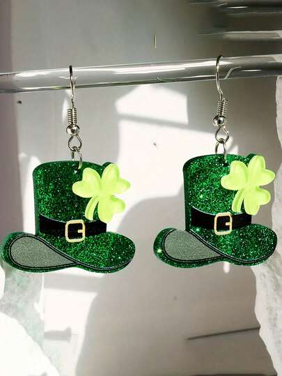一对亚克力亮绿色三叶草耳环，女孩节日珠宝礼物