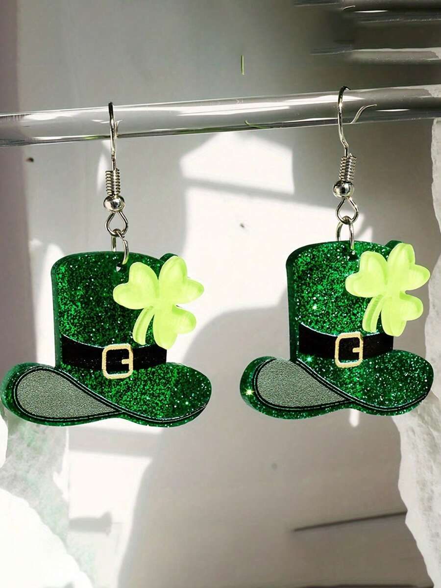 一对亚克力亮绿色三叶草耳环，女孩节日珠宝礼物 - 彩色 - 查看 1