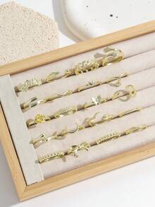 20件套法式风格戒指套装，包含月亮、蝴蝶结、心形、蛇形、花朵、玫瑰形戒指，以及链条、树叶、蝴蝶、心形、扭纹戒指，女士款 - 金色 - 查看 2