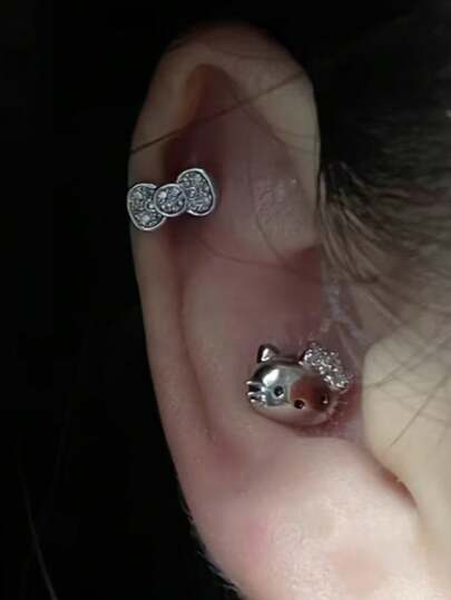  2 st Sanrio Kitty eleganta söta rosa rosettörhängen | Skruvörhängen i titan rostfritt stål, lämpliga för vardagsbruk eller julklapp, alla årstider, lämpliga för tonåringar, alla hjärtans dag-accessoarer