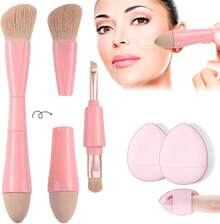 Viaje rochas para maquillaje, Brochas de Viaje, 4 en 1 Juego de brochas de maquillaje, brocha para base de doble punta para base, corrector, cejas, sombra de ojo, con 2 esponjas cosméticas - rosa - Ver 8