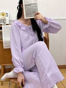 2 Peças Conjunto de Pijama Feminino, Cardigan Gola com Manga Longa e Bainha com Babado e Laço, Calça Longa com Estampa Floral, Confortável e Elegante, Adequado para Primavera, Outono e Inverno em Casa