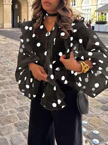 HUACAITA 复古波点印花衬衫，宽松雪纺灯笼袖，荷叶边装饰，透视纽扣衬衫，街头风，海滩度假黑色夏季 - 黑色 - 查看 4