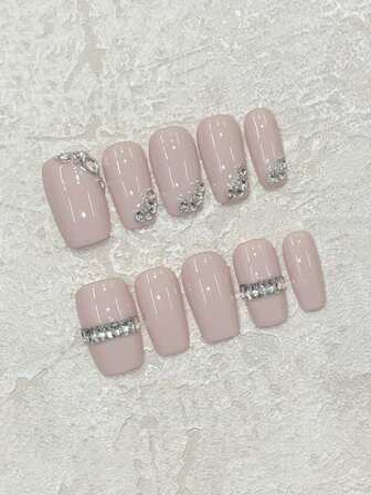 Simple And Gentle High-End Style Nails! 10pcs Handmade Nails Square In A Soft, Gentle Pink With Handcrafted Inlaid Small Rhinestones For A Luxurious, Sophisticated Feel. Suitable For Daily Work, Dating, Holiday Wear, And Outfits. Enhances Skin Tone With A High-End, Light Luxury Look. Can Be Given As A Gift To Friends. Reusable Press-On Nails Set Includes Jelly Glue And One Mini Nail File.