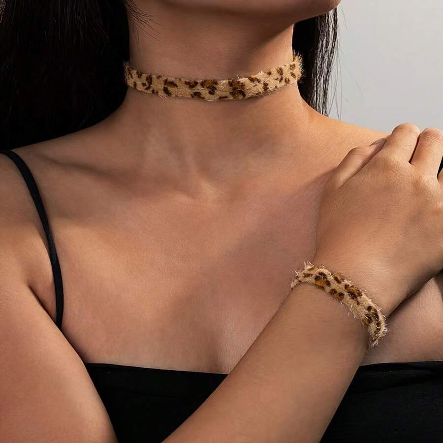 Set de 2 piezas Traje ajustable con estampado de leopardo y peludo de moda - Marrón - Ver 1