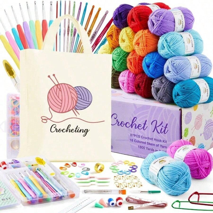 113 Piece Crochet Kit With Yarn Setu2013 1600 Yards Assorted Yarn Knitting And Crochet, 73PCS Crochet Accessories Set Including Hooks, Knitting Needles More Beginner Kit - 鉤針編織套組 + 帆布包 - 查看 1