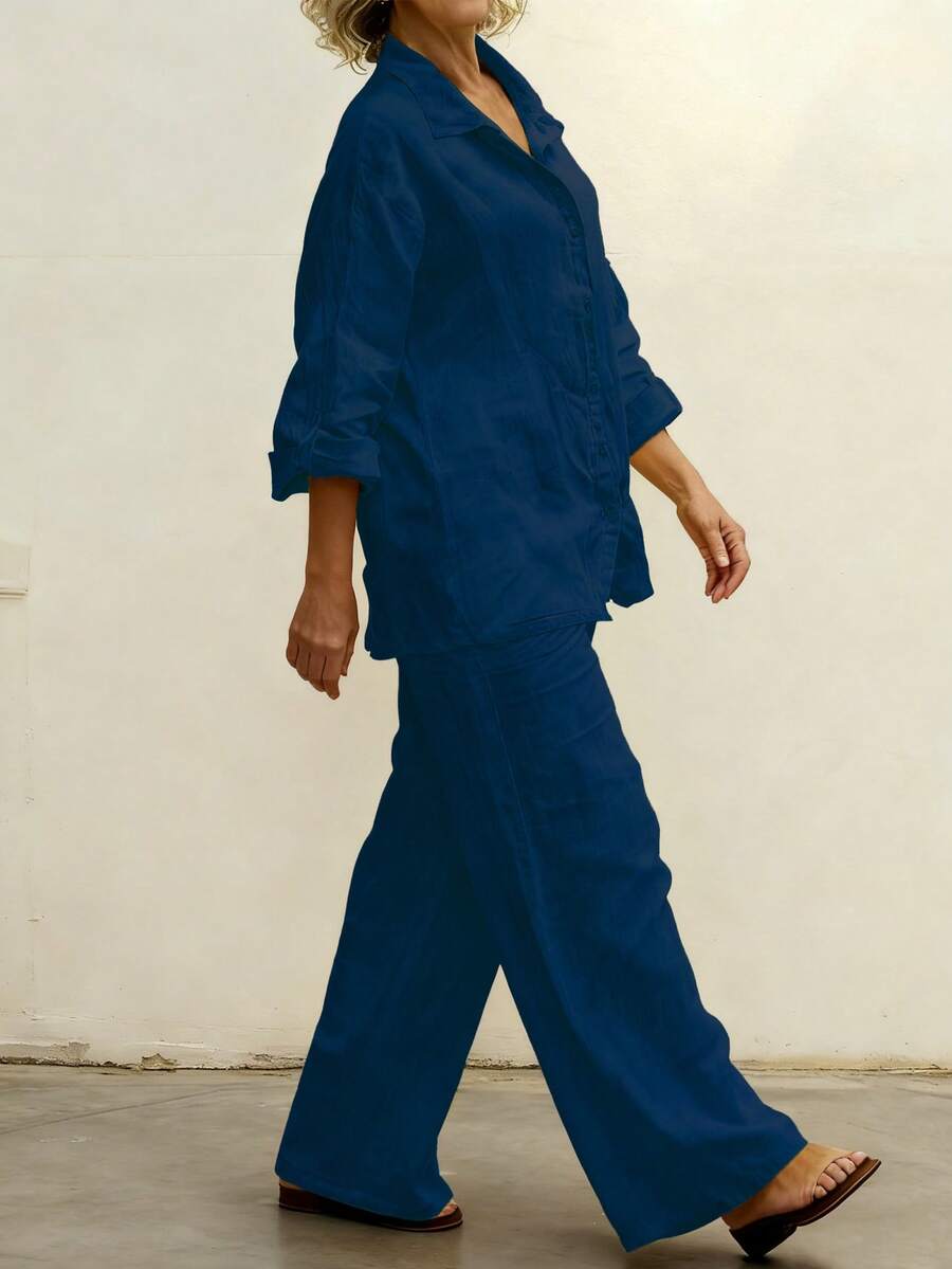 休闲开衫套装，搭配 Polo 领衬衫和松紧腰宽松裤，优雅百搭，适合度假、通勤、日常生活，面料柔软，春夏秋 - 藍色 - 查看 1