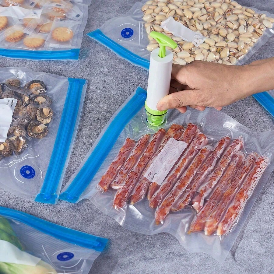 Set de 5 bolsas de almacenamiento al vacío para alimentos con bomba y clips de sellado, bolsas de almacenamiento para refrigerador, bolsas con cierre hermético al vacío manual, bolsas de almacenamiento de alimentos, bolsas dispensadoras de alimentos, bolsas de almacenamiento de alimentos reutilizables, suministros de cocina - Multicolor - Ver 1