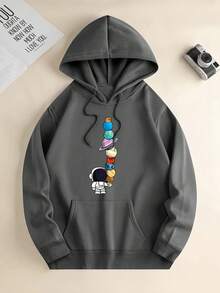 Zrgoth Men's Planet Element Print Kangaroo Pocket Hoodie Sweatshirt, Suitable For Couples, Autumn/Winter - Dark Grey - View 3