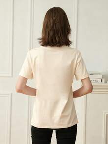 Women's Summer New Simple Slogan Print Casual Vacation Style Loose Fit Round Neck Short Sleeve T-Shirt, Fashionable Everyday Top, Suitable For Daily And Vacation Wear. Women's T-Shirt Top. - Apricot - View 4