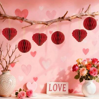 6 Stücke Valentinstag Papier Wabendekoration mit rotem Glitzerrand, hängende dekorative Herz Handwerksartikel für Valentinstag, Muttertag Dekoration, Party, Feiertage