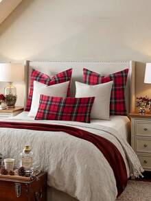 1pc/2pcs Christmas Red Plaid Pattern Pillow Case, 18x18 Inch, Scottish Farmhouse Vintage Classic Square Decorative Cushion Cover, Suitable For Sofa, Bench And Other Winter Holiday Decor - Red - View 6