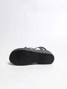 Plus Size Women's Unique Design Gold-Edged Non-Monotonous Textured Leather-Feel Insole Non-Slip Elastic Band Easy Slip-On Thick Polyurethane Sole Lightweight Comfortable For Long Wear, Thong Strap Summer Breathable Fashionable, Suitable For Casual, Vacation, Party, Commuting, Versatile Sandals For Spring/Summer - Black - View 9