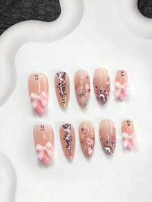 10pcs Premium Shiny Pink Nail Stickers, French Fake Nails, Hand-Painted Lips, Heart-Shaped Nail Decorations, Bows, Pink Butterfly Nail Accessories, Pink Nail Polish, Glitter Nail Polish, 3 Sizes Available (Almond, Duck Mouth, Coffin), Includes Nail Tools (1 Jelly Sticker + 1 Nail File), Suitable For Daily Commute, Valentine's Day, Wedding, Party, Etc. Nail Supplies - 彩色 - 查看 11