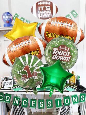 6pcs/Set Rugby Ball Balloon Set, Includes Rugby Foil Balloons, Round Rugby Balloons, Star Balloons, Suitable For Sports Games, Birthday Party Decorations, Rugby Theme Parties, Home Decor, Sports Theme Parties, Celebration Parties, Indoor And Outdoor Decorations