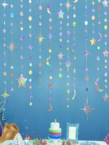 Rainbow Stars Moon Circle Dot Rosette Party Decor Kit Hanging Crescent And Sparkling Stars Ribbon Banner, Suitable For Children First Birthday Ramadan Eid Mubarak Baby Shower Wedding Decor - Multicolor - View 5