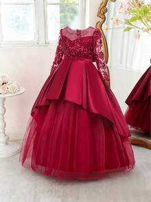 少女圆领刺绣花朵水钻网纱缎面优雅花童礼服，适合婚礼、生日派对等场合，不含头饰 - 酒紅色 - 查看 4