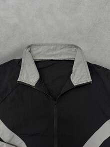 男士拼接撞色反光条纹装饰立领夹克，美式风格个性化运动户外摩托车街头轻便夹克 - 黑色 - 查看 3