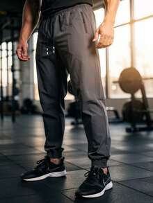 Men's Tactel Elastane Training Pants For Gym, Elastic Waistband, Drawstring And Functional Pocket, Summer, All, Regular Fit, Drawstring, Pocket - 灰色 - 查看 12