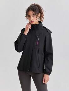 1pc Splice & Color Blocking Windbreaker Jacket, Water-Resistant Lightweight Outdoor Sports Running Hiking Coat, Spring Autumn - Black - View 15