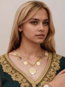 1件18K镀金女士项链，奥斯曼风格硬币形吊坠，时尚女式珠宝项链，宫廷复古风，适合婚礼、派对、传统节日佩戴，可作吊坠，情人节礼物。 - 金色 - 查看 2
