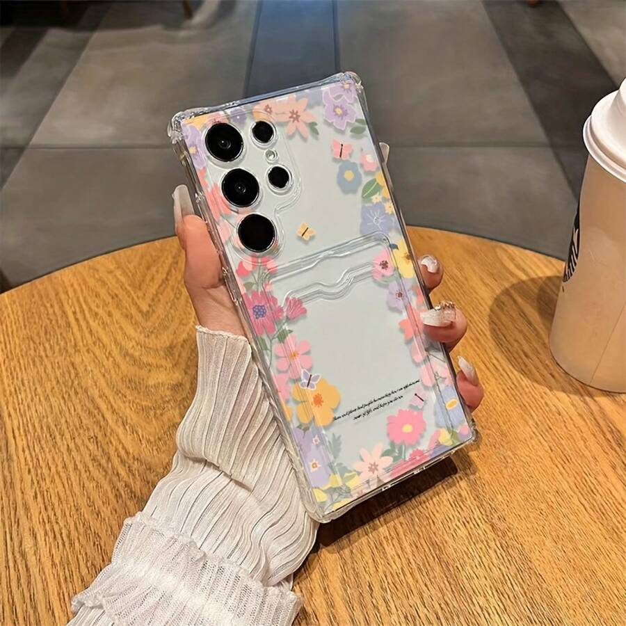 Portatarjetas Transparente Antigolpes de Cuatro Esquinas con Corona de Verano Imagen de Alta Gama Adecuado para Samsung A54/A53/A52 (A52S Universal)/A34 (5G)/A14 (5G)/S21/S22/S23/S23+/S23U y Serie S24 A15/A35 (5G)/A55 (5G)/A25 (5G) Última Serie S25 A16/A36/A56 Elección de Calidad Moda Nunca Para Nueva Experiencia Protección Botón de Sensibilidad Inserible Portatarjetas Estilo de Pareja Puede Usarse como Regalo - Colores mixtos - Ver 1