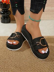 2024 New Thick Sole Wedge Slide Sandals For Women, Fashion Summer Beach Slippers - Black - View 11