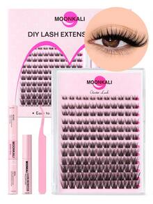 Ship From US,MOONKALI 12 Rows 132/144 Cluster Diy Segment Eyelashes Kit,Individual Lashes Extension Natural Set,0.07 D 8-18mm, False Eyelashes Natural Looking & Lightweight Lashes, Eyelash Glue Bond & Seal, Lash Remover, Tweezers - 黑色 - 查看 2