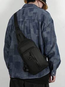 1个男士黑色尼龙胸包，时尚百搭日常通勤胸包 - 黑色 - 查看 3