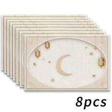 A Set Of 4-Piece Ramadan Themed Table Mats, Featuring A Simple Beige Design With A Crescent Moon And Lantern Design, Adorned With Stars, Suitable For Gatherings, Dining, And Holiday Decorations. The Size Is 30x45 Centimeters, Suitable For Home Decoration, Holiday Table Decoration, Rural Holiday Decoration, Rural Style, Washable Mats, Durable Materials, Holiday Table Decoration, And Home Entertainment. This Is The Ideal Choice For Ramadan. - Multicolor - View 19