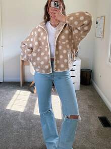 Womens Fall Winter Fleece Jacket Dot Pattern Long Sleeve Lapel Button Down Sherpa Coat - Khaki - View 2
