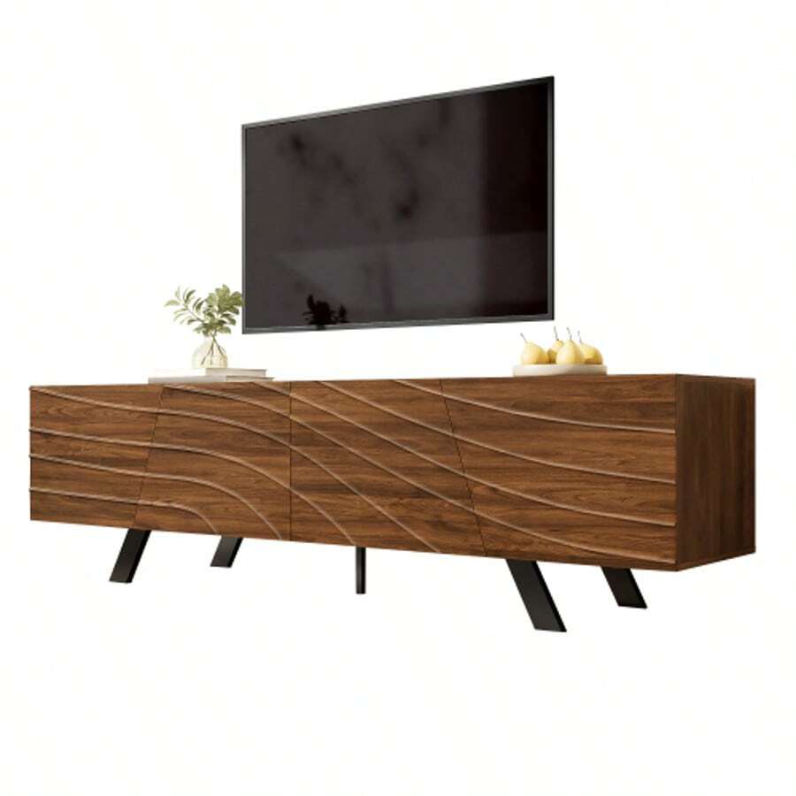 Modern TV Cabinet With Wave-Shaped Front – Lowboard In Walnut Look With Black Iron Legs, Large Storage Space, Cable Management & Shelf – TV Furniture For Living Room - Walnut - View 1
