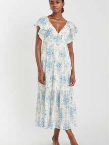 Maternity A-Line Maxi Floral Dress, Ruffle Hem, Short Sleeve Deep V-Neck, Bohemian Style - Light Wash - View 8